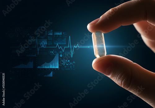 Medicine capsule held by fingers with health data background for pharmaceutical industry use case