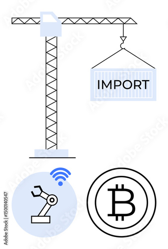 Cargo crane hoisting shipping container labeled import, robotic arm with wireless signal, Bitcoin logo. Ideal for trade, logistics, cryptocurrency, automation, technology, economy globalization