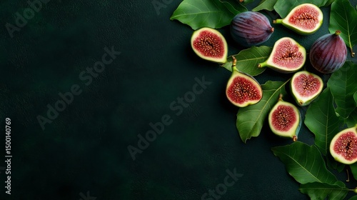 Fresh Figs Cut Open Revealing Juicy Flesh on a Dark Background With Green Leaves
