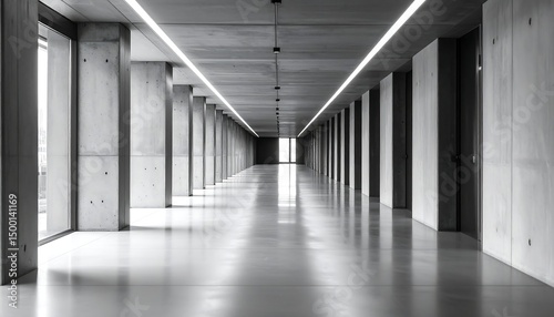 Long Hallway with Concrete Columns and Polished Floor