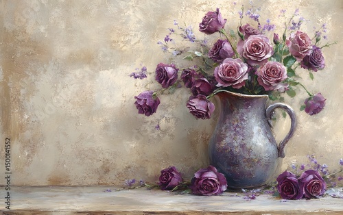Purple Roses in Vintage Pitcher Still Life Painting