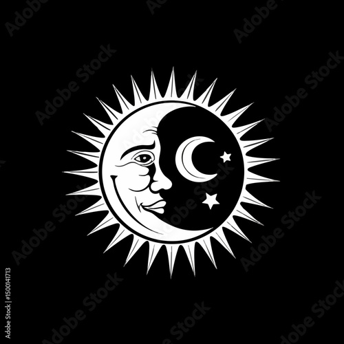 Sun and Moon with Face and Stars. Vector image