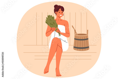 Woman sits in bathhouse and smiles, enjoying thermal treatments that improve well-being and get rid of toxins. Girl visitor to bathhouse holds birch broom located near wooden bucket