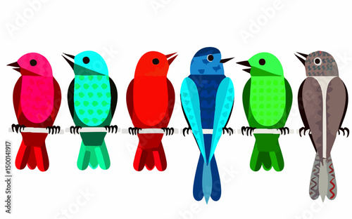 Six stylized birds perched on a branchVector image
