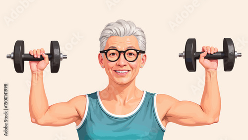 Senior man exercising with dumbbells while smiling in fitness attire  
