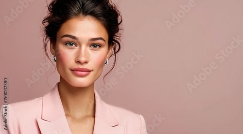 Professional Female Model Posing Against a Soft Pink Background in a Stylish ...
