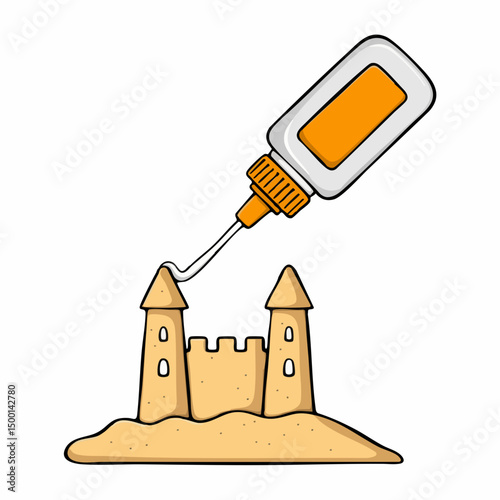 Glue bottle dispensing adhesive onto sandcastleVector image