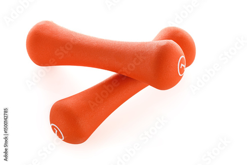 Two orange rubberized dumbbells isolated on white background. Sports equipment. Full depth of field.