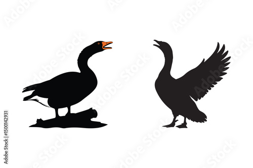 Goose Silhouette Vector Aggressive Geese Clipart with Open Beaks and Wings Spread