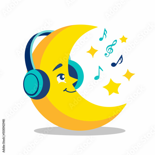 Crescent Moon Wearing Headphones and Music Notes. Vector image