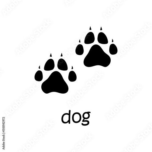 Vector paw trails of animal footprint card. Dog tracks. Black silhouette paws with text Dog.