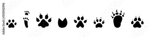Vector set of animal footprints. Icon collection with animal footsteps tracks. Paw trace in black silhouette. Animal feet collection.