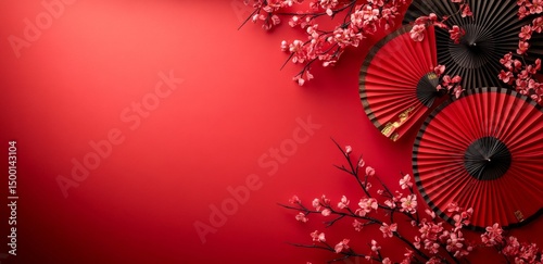 Bright Red Fans and Cherry Blossoms Create a Festive Atmosphere for Celebrations