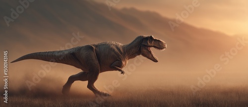 T-Rex Sprinting Across a Dusty Plain at Sunset