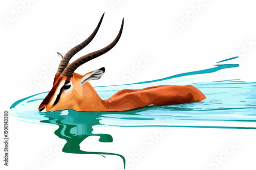 Antelope swimming in water. Vector image