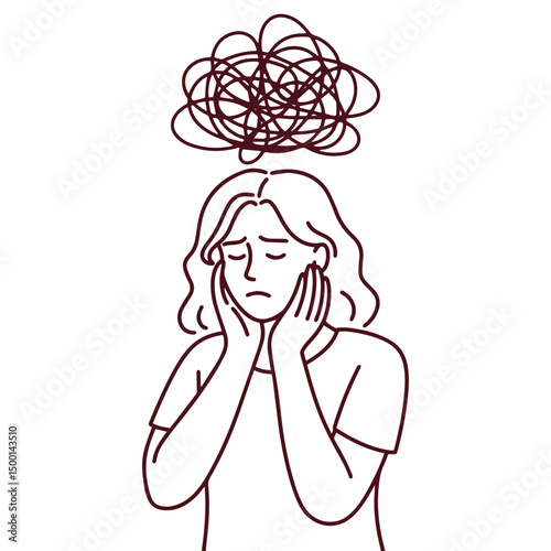 Black and white minimalist line art showing sad young woman overwhelmed by chaotic thoughts, mental health struggles, emotional distress, anxiety, depression, sadness, psychological pain and nervous 