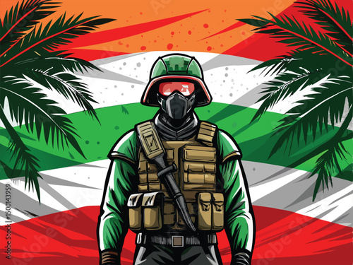Man in a red hat illustration of a cartoon soldier with a gun