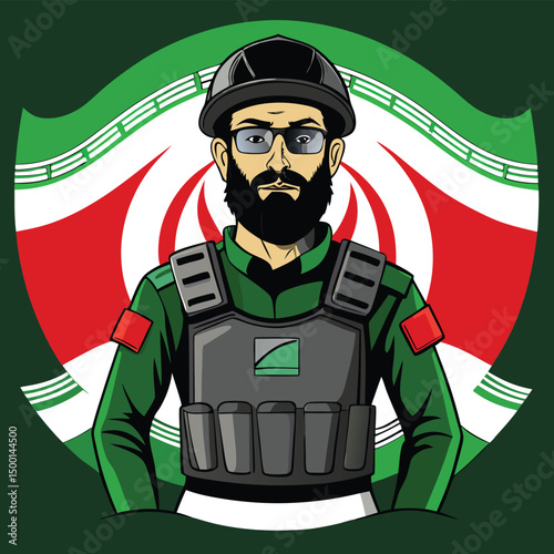 Funny cartoon military character in camouflage uniform with a gun