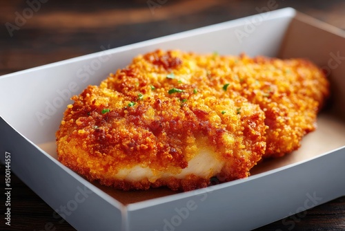 Fried breaded chicken fillet in white cardbord box