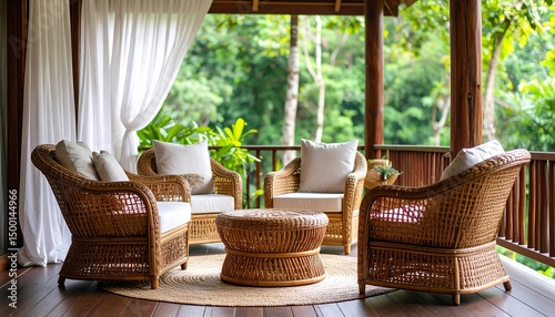 Wicker Patio Furniture Set with Round Table and White Cushions