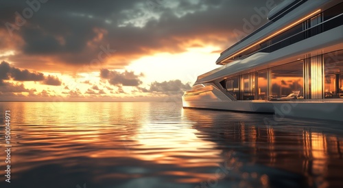 Luxury Yacht Anchored at Sunset With Calm Waters Reflecting Vibrant Sky Colors