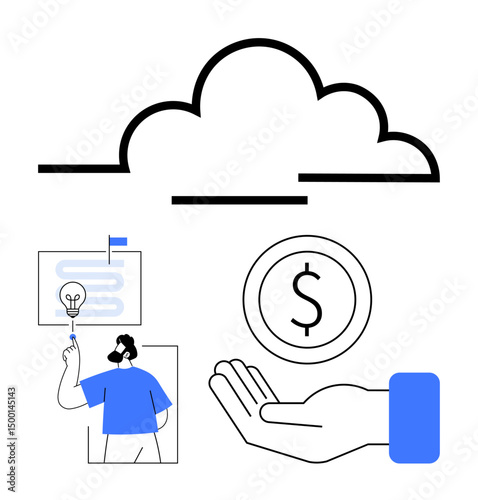 Cloud icon with hand holding a dollar coin, person presenting an idea on a whiteboard. Ideal for tech adoption, cloud solutions, innovation, finance, creativity, startups, simple landing page