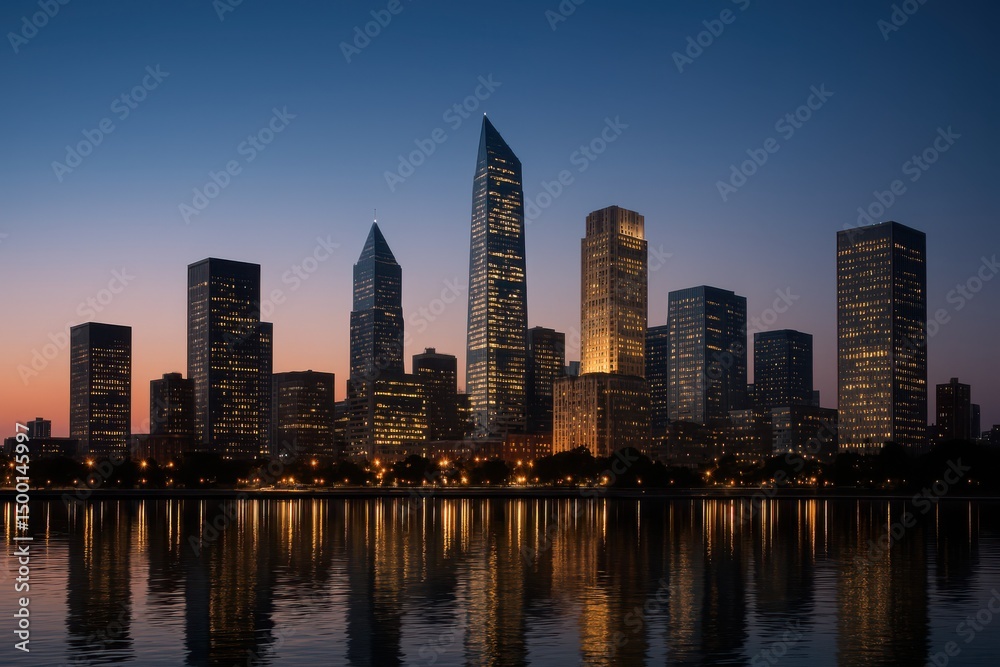 Obraz premium City skyline illuminates the evening sky over the tranquil river reflecting bright lights and tall buildings at dusk