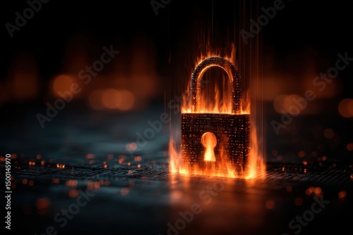 A fiery digital padlock, symbolizing vulnerability in cybersecurity, highlighting the constant threat of data breaches and system compromise in the digital age.