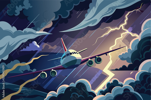 Airplane flying through stormy sky with dark clouds and lightning, aviation danger theme, line art illustration, vector, dramatic weather