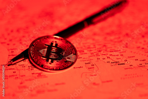 Fototapeta Naklejka Na Ścianę i Meble -  Red Map of Europe with Bitcoin and Pen - Symbol of Crypto Investment and Regulation