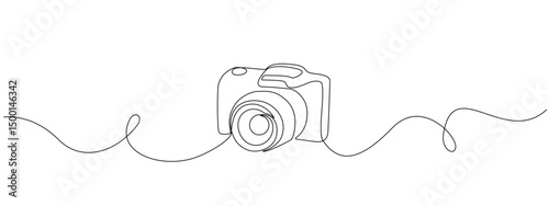 Camera with one continuous line. Minimal symbol of photography. Vector line editable illustration of professional camera