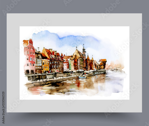 City embankment with buildings built along canal in Polish region of Gdansk on wall art. Watercolor artwork. Poster with embankment for tourists and travelers, in frame with decor for print