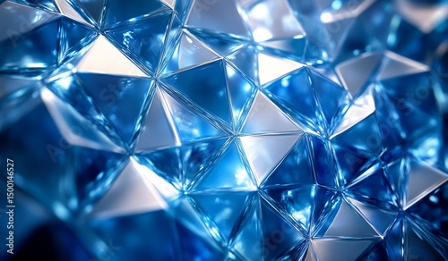 Intricate Pattern of Blue Geometric Shapes Reflecting Light in a Dazzling Dis...