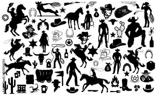 Cowboy's silhouette collection Pack: A collection of cowboy silhouettes featuring elements that are associated with the wild west. The graphic resource evokes the spirit of the old west.