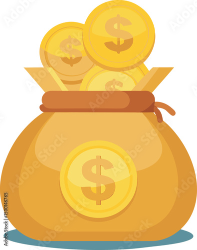  A vector of a shiny golden bag filled with coins symbolizes wealth and prosperity, featuring a dollar sign on the front. This evokes feelings of abundance and financial success 