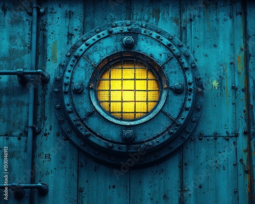 Porthole on rusty, blue metal sheet, lit yellow