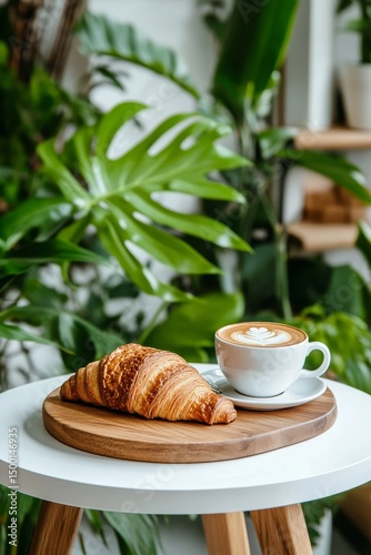 Delicious Croissant and Coffee Presented in a Cozy Cafe With Lush Greenery