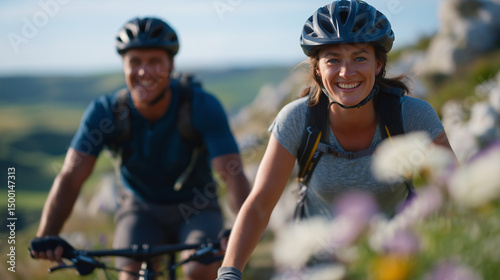 Couple biking on a winding path through lush countryside photo