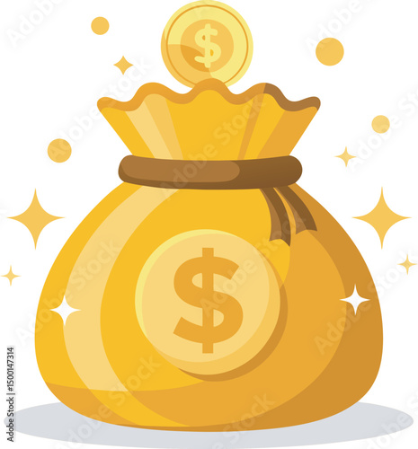  A vector of a shiny golden bag filled with coins symbolizes wealth and prosperity, featuring a dollar sign on the front. This evokes feelings of abundance and financial success