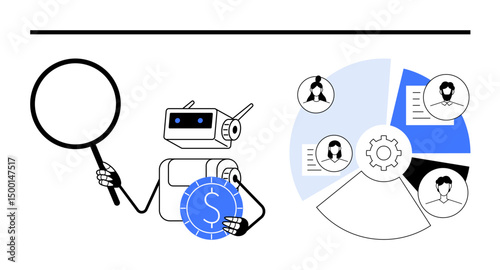 Robot holding a magnifying glass and currency coin analyzing a pie chart with user avatars and documents. Ideal for finance, AI tools, analytics, research, automation, innovation, data insights. Flat