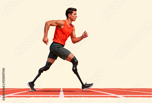 Disabled male athlete sprinting on track with prosthetic legs  