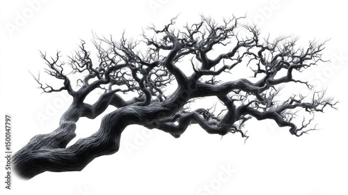 Mysterious twisted oak branch with rough bark texture, Gothic aesthetic, isolated on white