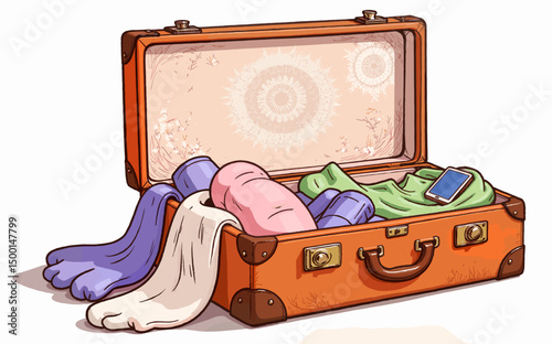 Colorful socks and clothing inside an open suitcase on a white background  