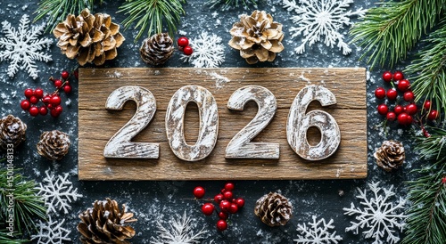 Festive Winter Decorations Showcasing the Year 2026 With Pinecones and Berrie...