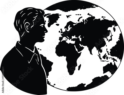 man looking at world map silhouette