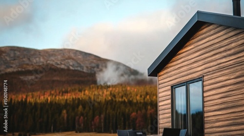 Cozy Cabin Beside Mountains and Forest During a Cloudy Day in Autumn Season
