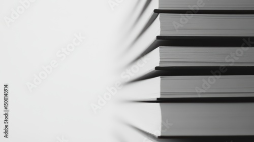 Stack of books with the top book being the largest. The books are black and white