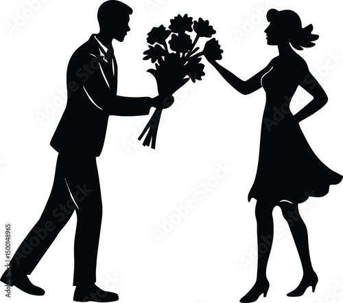 man surprising partner with flowers silhouette
