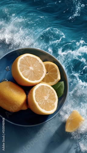 Fresh Lemons Arranged on a Blue Plate Near Ocean Waves During a Sunny Day