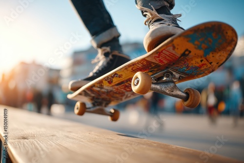 A skateboarder executing a trick on a wooden bench at sunset, showcasing skill and balance with the warm sunlight creating a dynamic action shot. Street skateboarding.